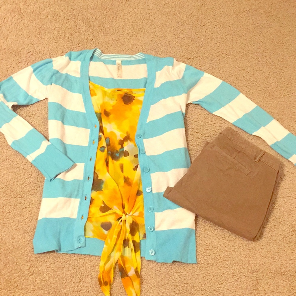 Turquoise & White Rugby Striped Cardigan
